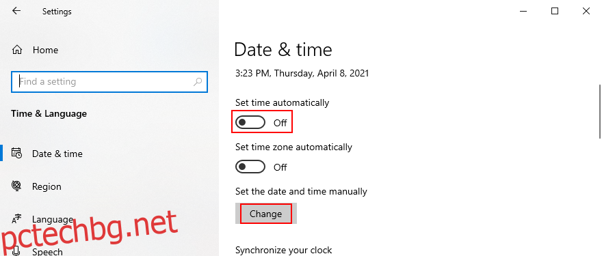 Windows 10 показва как да настроите датата и часа ръчно
