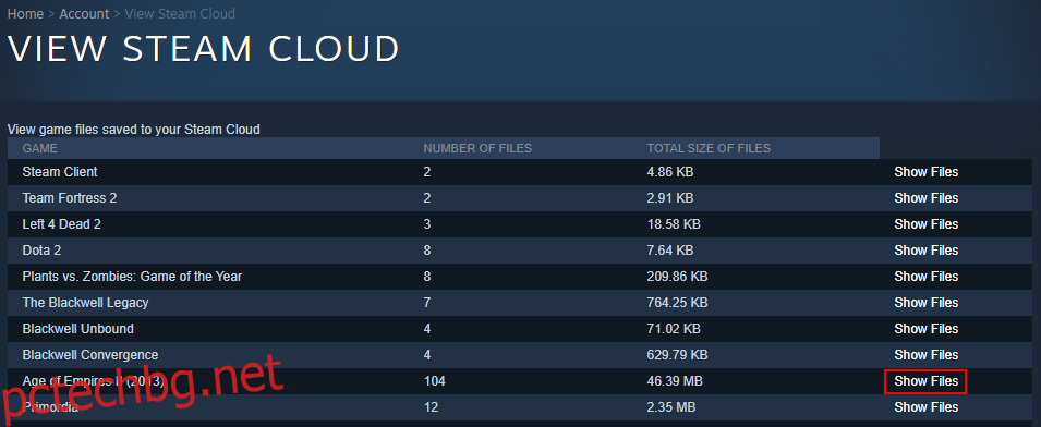 Steam Cloud показва файловете на играта