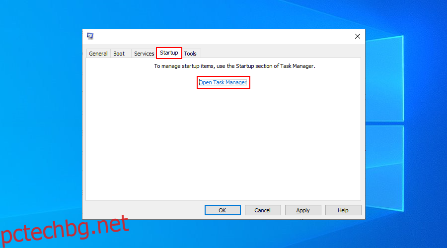Windows 10 показва как да отворите диспечера на задачите от приложението за системна конфигурация