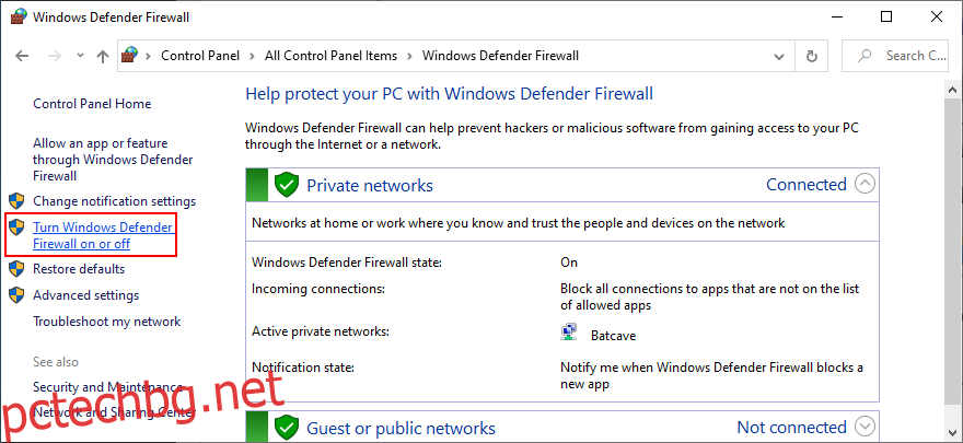 Контролният панел показва как да включите или изключите защитната стена на Windows Defender