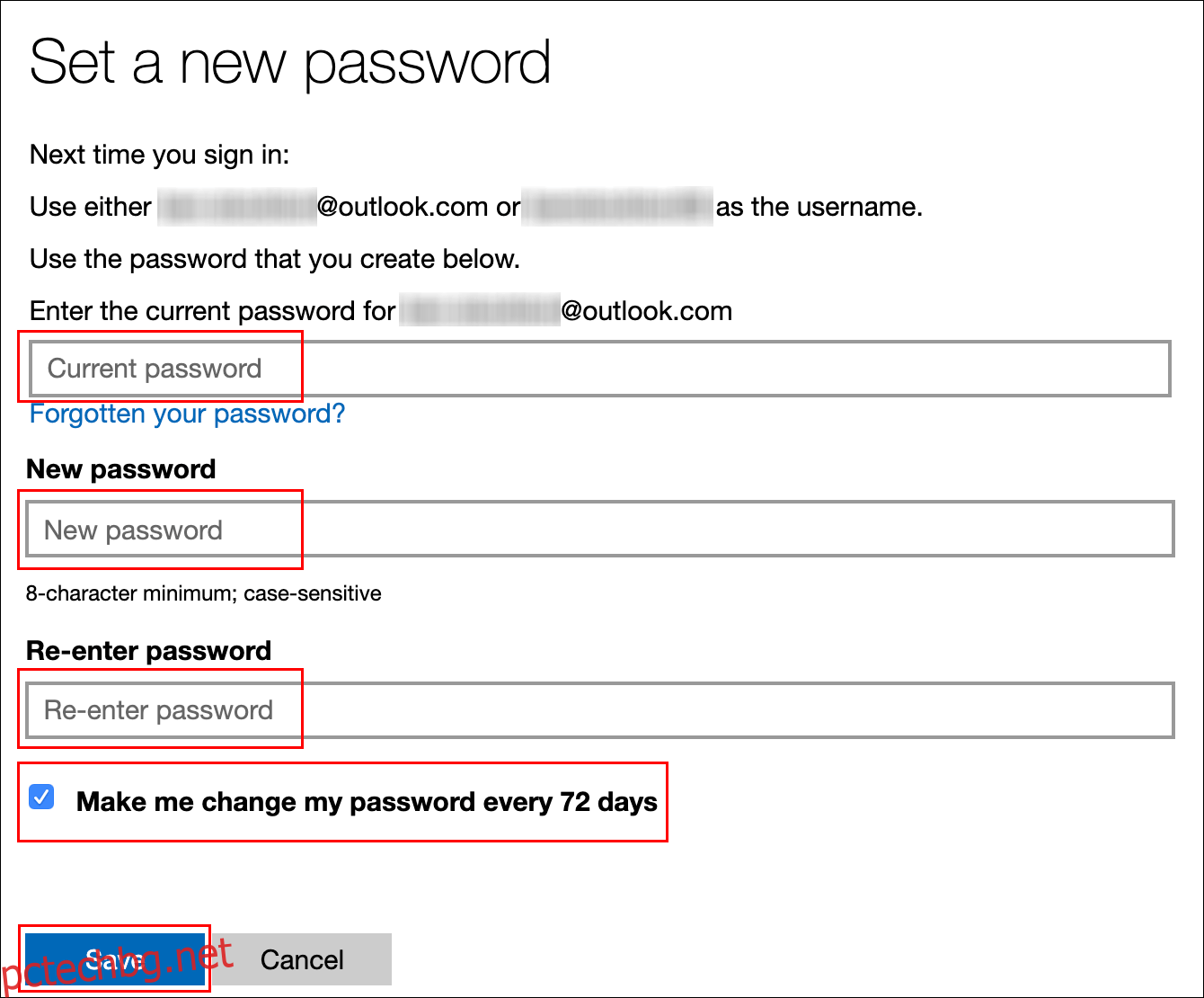 Въведете текущата си парола, въведете нова парола, щракнете в квадратчето до 
