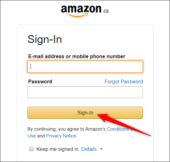 Въведете вашите идентификационни данни за Amazon и след това щракнете 