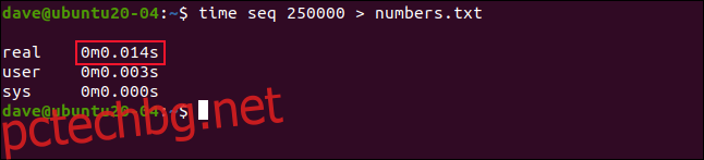 time seq 250000 > numbers.txt в терминален прозорец.“  ширина=”646″ височина=”147″ onload=”pagespeed.lazyLoadImages.loadIfVisibleAndMaybeBeacon(this);”  onerror=”this.onerror=null;pagespeed.lazyLoadImages.loadIfVisibleAndMaybeBeacon(this);”></p>
<p>Времето, необходимо за попълване на списъка и създаване на файла, сега е около 1/7 от секундата.< /p> </p>
<h2 роля=