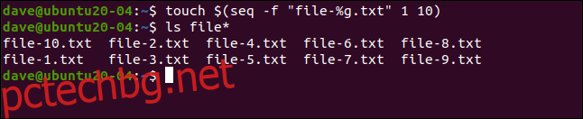 Ще създадем набор от 10 файла със същото основно име и различен номер (file-1.txt, file-2.txt и т.н.).  Пишем следното: 